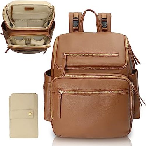 Diaper Bag Backpack Large Baby Diaper Bag Leather with 17 Diaper Bag Organizing Pouches,Changing Pad,Stroller Straps,4 Insulated Pockets,Brown