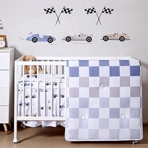 5 Pcs Cars Theme Baby Crib Bedding Set Include Checkered Crib Sheets Bed Skirt Comforter Pad Cover Wall Stickers for Boys Transportation Nursery Room Decoration