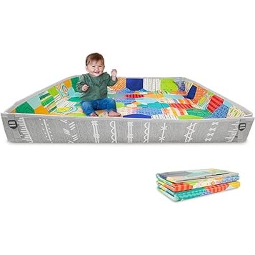 Infantino Foldable Soft Foam Mat, Extra Large Double-Sided Cushioned Portable Play Mat with Fold-Up Sides, Non Slip Crawling & Playing for Infants and Toddlers, Multicolor