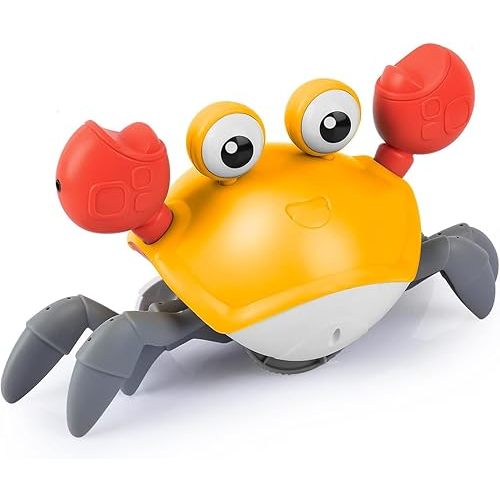 Crawling Crab Baby Toys Upgrade Version - 3 Speed & Music Control, Cute Dancing Essentials Electric Induction Sensory Stuff Moving Toy for 3 4 5 6 7 8 9 10 11 12 Year Old Boys or Girls (Orange)