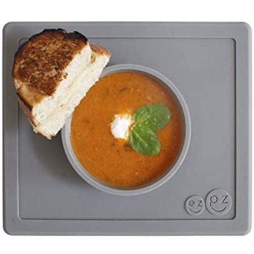 ezpz Happy Bowl (Gray) - 100% Silicone Suction Bowl with Built-in Placemat for Toddlers + Preschoolers - Dishwasher Safe