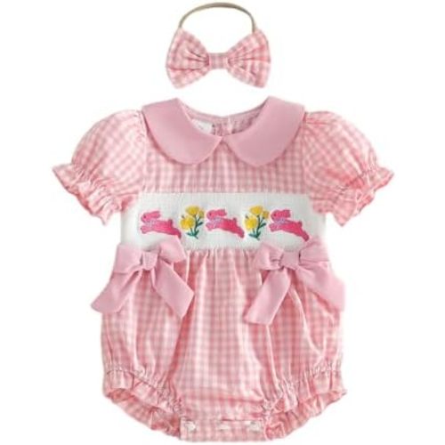 Baby Girl Easter Outfit Bunny Embroidery Onesie Infant Short Sleeve Bubble Romper Cute Easter Clothes