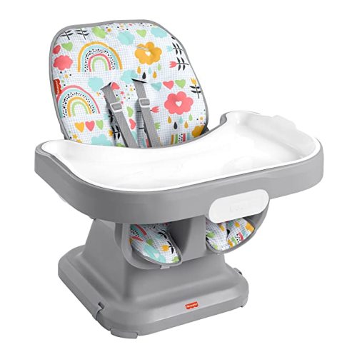 Fisher-Price SpaceSaver Simple Clean High Chair Baby to Toddler Portable Dining Seat with Removable Tray Liner, Sun Showers - Pink