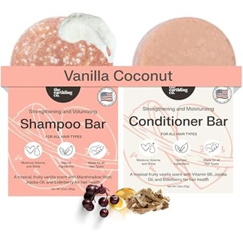 The Earthling Co. Shampoo & Conditioner Bar Set - Promote Hair Growth, Strengthen & Volumize All Hair Types - Paraben & Sulfate Free Formula with Natural Ingredients for Dry Hair (Vanilla Coconut)