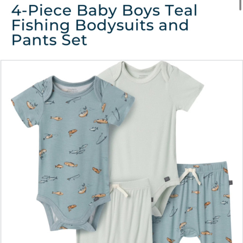4-Piece Baby Boys Teal Fishing Bodysuits and Pants Set
