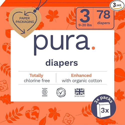 Size 3 Eco-Friendly Diapers (9-20 lbs) Totally Chlorine Free (TCF),Hypoallergenic, Soft Organic Cotton, Sustainable, up to 12 Hours Leak Protection, Allergy UK,26 Count (Pack of 3) (78 Baby Diapers)