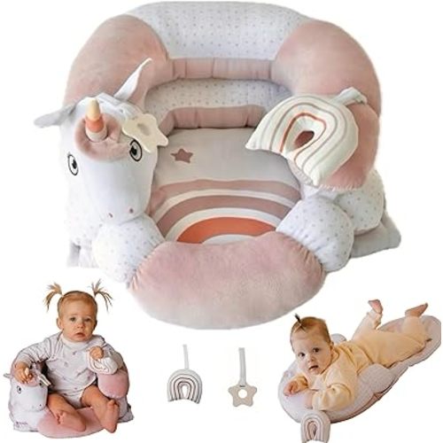 Aila+Aiden 2-in-1 Tummy Time Mat and Seated Support with Two Toys – for Newborns and Babies – Includes Detachable Cushion for Supervised Play & Head/Neck Development (Blush)