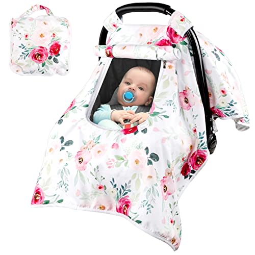 Car Seat Covers for Babies Girl, Winter Carseat Seat Cover for Newborns, Carseat Canopy Cozy & Warm Cover, Carrier Cover with Peep Windows, Pink Flower Rose