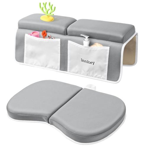 Bath Kneeler and Elbow Rest Pad Set, 1.6'' Extra Thick Bath Support for Knees and Elbows, Memory Foam Bath Mat with Toy Organizer Pockets, Quick-Dry Kneeling Pad for Bathing Baby Grey