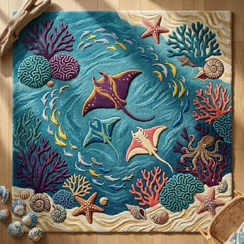 Luxury Hand Tufted Ocean Rug Coastal Marine Wool Carpet Beach House Nursery Decor