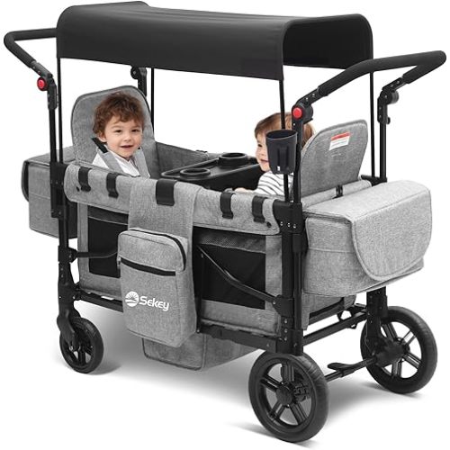 Sekey Wagon Stroller for 2 Kids, Luxury 4-in-1 Stroller Wagon - Premium Quality with Convertible Seats, Adjustable Push Handles, Removable Canopy, Snack Tray & Cooler, US Certified. Gray