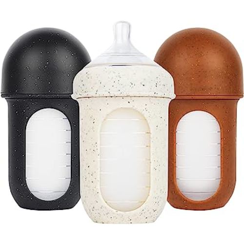 Boon NURSH Reusable Silicone Baby Bottles with Collapsible Silicone Pouch Design — Everyday Baby Essentials — 3 Count — Stage 2 Medium Flow — 8 Oz — Speckle