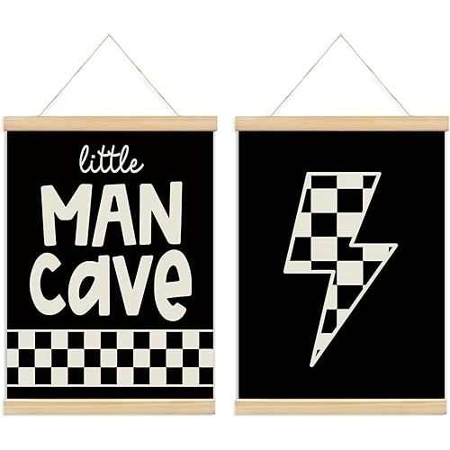 foedor Little Man Cave Sign for boys Poster Hanger Frame,Retro Preppy Boy Nursery Kids Wall Decor for Toddlers Boy Room Playroom,Home Bedroom Hanging Banner Decor，12x16 Inch,Set of 2, white