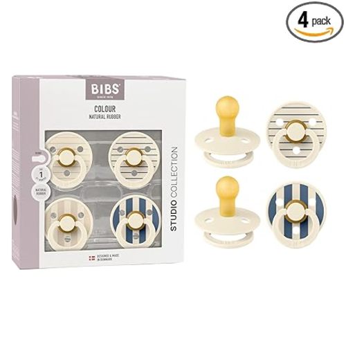 BIBS Studio Pacifier 4-Pack, BPA Free Pacifiers, Round Nipple. Natural Rubber Latex, Made in Denmark, Size 1 (0-6 Months), Ivory