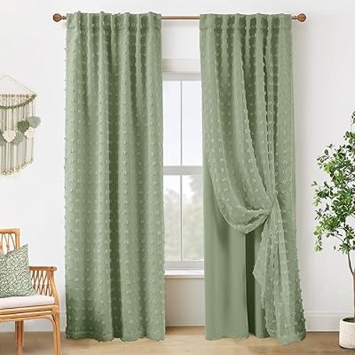 Sage Green Curtains Room Darkening Blackout Light Weight Boho Pom Pom Pattern Farmhouse Cottage Core Cottagecore Curtains for Bedroom Living Room 84 Inches Long 2 Panels