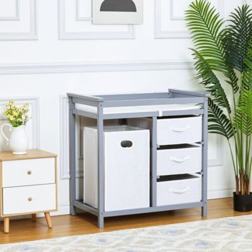 Baby Changing Table, Wooden Diaper Changing Table, Infant Diaper Changing Station Dresser with Laundry Hamper, 3 Drawer Basket and Changing Pad ,Grey