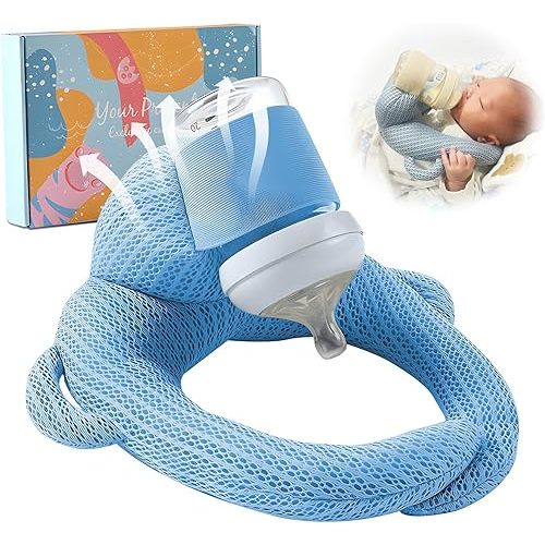 Baby Bottle Holder, Hands Free Support Pad for Self Feeding, Soft Breathable Design (Blue)