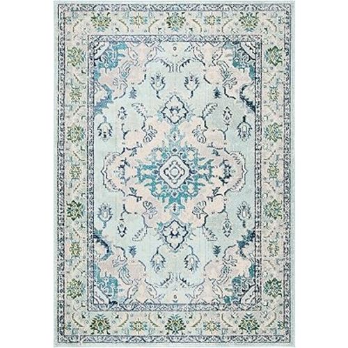 SAFAVIEH Monaco Collection Area Rug - 8' x 10', Light Blue & Ivory, Boho Chic Medallion Distressed Design, Non-Shedding & Easy Care, Ideal for High Traffic Areas in Living Room, Bedroom (MNC243K)
