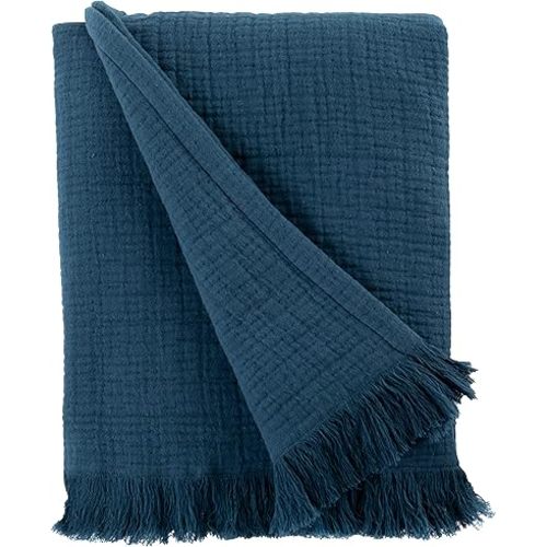 Sticky Toffee Muslin Throw Blanket 100% Cotton, Blue Navy Oeko-Tex Cotton Muslin Blankets for Adults, Soft Lightweight and Breathable Throw Blankets for Couch Bed or Sofa, 50 in x 60 in