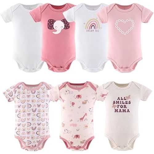 The Peanutshell Baby Bodysuits for Girls, Short Sleeve 7 Pack, Newborn to 24 Months, Rainbow Safari
