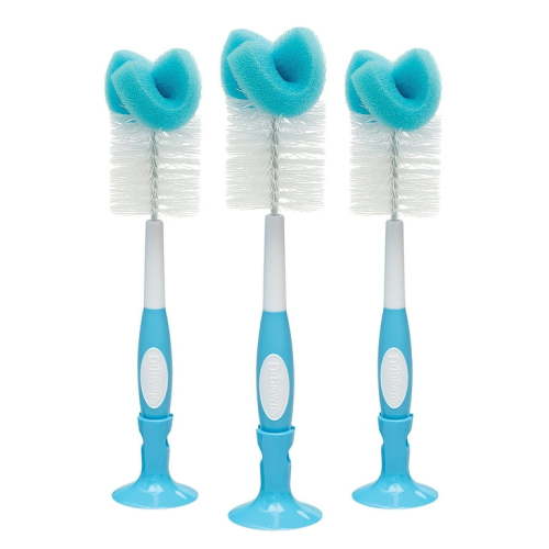 Dr. Brown's Baby Bottle Brush with Suction Cup Stand, Sponge, Scrubber & Nipple Cleaner Blue, 3 Pack