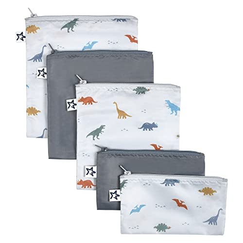 Tiny Twinkle 5 Pack Reusable Snack Bags - Machine Washable, PFAS, PVC, BPA, Phthalate-Free Reusable Baby and Toddler Food Safe Snack Bags (Dinosaur)