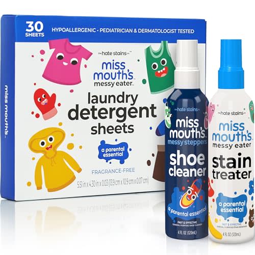 Miss Mouth's Messy Eater Stain Treater and Messy Steppers Shoe Cleaner Magic Duo and Laundry Detergent Sheets