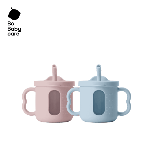 BC Babycare Silicone Sippy Cup,2 Pack 7oz Baby Training Cups with Handles Straw Spill Resistant,Unisex,6-36 Months,Pink Blue