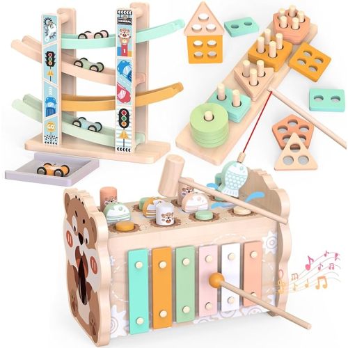 Wooden Montessori Toys for Toddlers 1-3, Baby Pounding Hammering Toy with Xylophone & Fishing Game, Car Ramp Racer, Stacking Blocks & Shape Sorter, 3 in 1 Learning Multi-Activity Set for 1 + Year Old