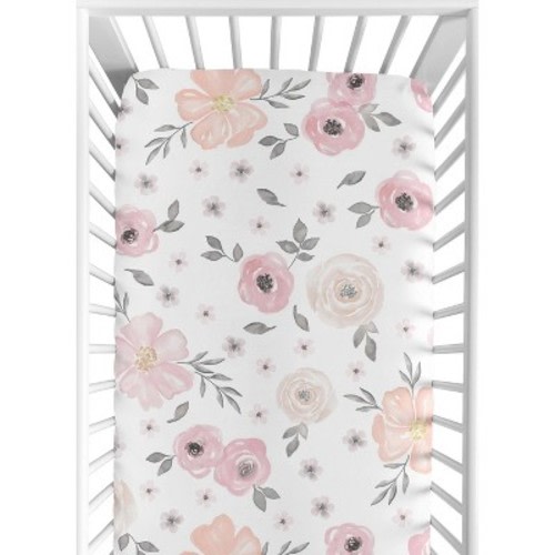 Sweet Jojo Designs Girl Cotton Fitted Crib Sheet Watercolor Floral Pink and Grey