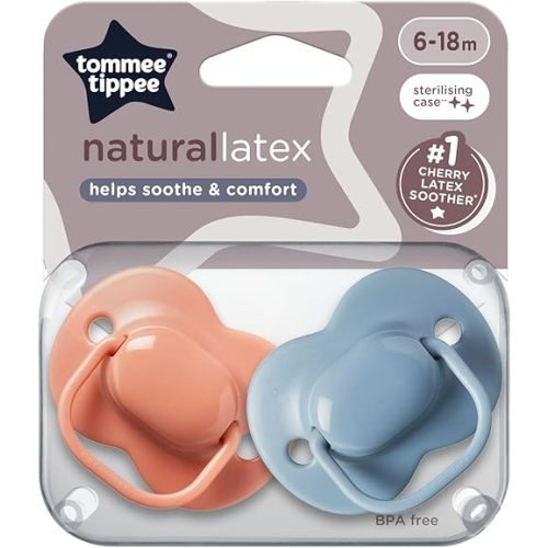Tommee Tippee Cherry Latex Soother, 6-18 Months, Coral and Blue, Pack of 2 soothers with 100% Natural Latex baglet