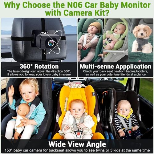 Baby Car Camera Easy Install: Eye Protection Clear Night Vision 360° Rotation Rear Facing Baby Car Mirror for 2 Kids HD 1080P 150° Wide View Stability Backseat Camera with Monitor -Rohent N06
