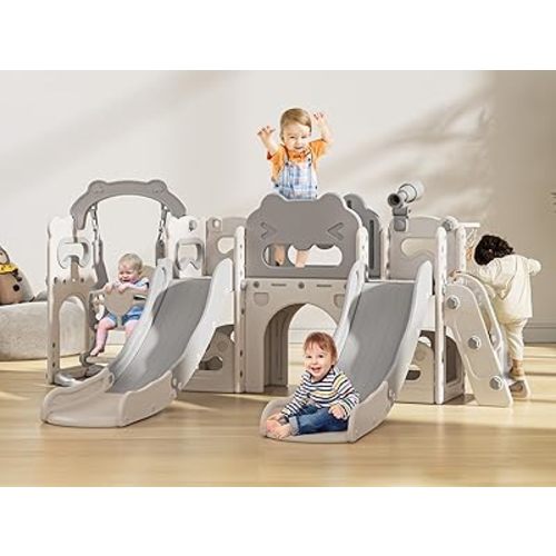 Lischwert Toddler Swing and Slide Set, 10 in 1 Toddler Indoor Playground, Slide for Toddlers, Outdoor Playset Backyard with Basketball Hoop, Tunnel and Storage Space, Kids Double Slide Age 1+