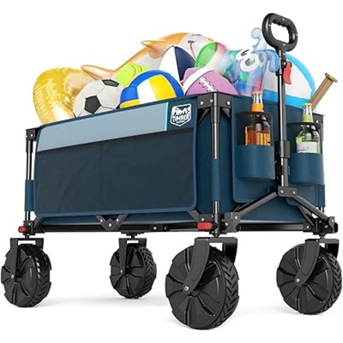 TIMBER RIDGE Outdoor Collapsible Wagon Utility Folding Cart Heavy Duty All Terrain Wheels for Shopping Camping Garden with Side Bag and Cup Holders, Blue