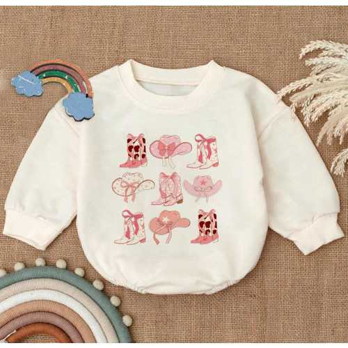 Coquette Cowgirl Boots and Hats Romper Sweatshirt, Western Baby Outfit, Cute Country Baby Bodysuit, Farm Girl Clothes,Rodeo Baby Shower Gift