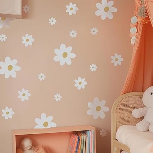 32 PCS Flower Wall Decals Peel and Stick, Daisy Wall Decor for Girls Bedroom, Pure White Daisy