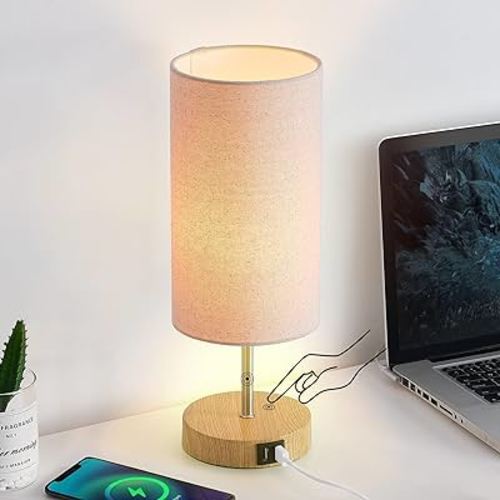Bedside Touch Lamp, Wood Small Table lamp for Bedroom with 2 USB Charging Ports & Linen Fabric Shade, 3-Way Dimmable Nightstand Lamps for Living Room Office Reading Desk End Table(LED Bulb Included)