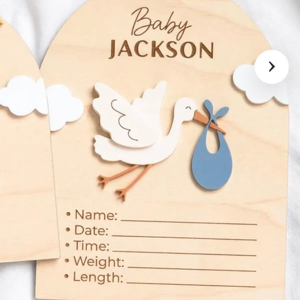 Wooden Baby Announcement & Birth Stats Sign Set | Stork, Clouds, Sun Design