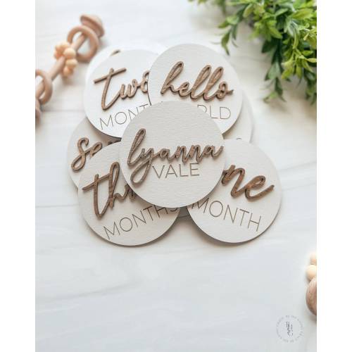 3D Wooden Monthly Milestone Discs For Baby Photos + Matching Nameplate | Monthly Milestone Marker | Milestone Cards | Monthly Signs For Baby