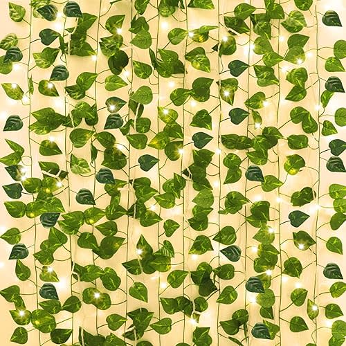 CEWOR 14 Pack 101ft Fake Ivy Vines, Artificial Ivy Garland with 100 LED String Lights, Hanging Plants Greenery Backdrop Green Leaves for Bedroom Room Wall Decor Wedding Party Table Decoration