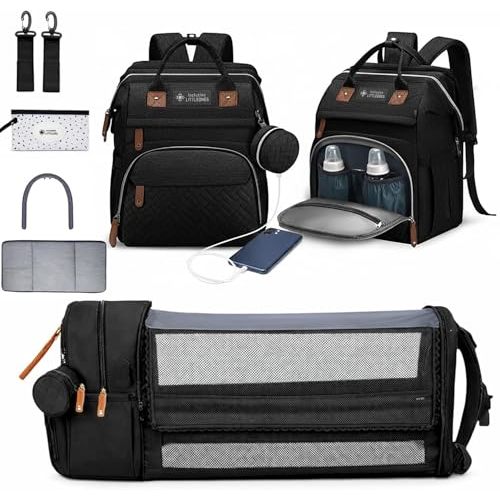 Inclusive LittleOnes Baby Diaper Bag Backpack with Changing Station, Large Capacity, USB Port, Pacifier Case, Mosquito Net & Wipes Bag Stylish Travel Bag for Boys, Girls, Moms & Dads, Shower Gift