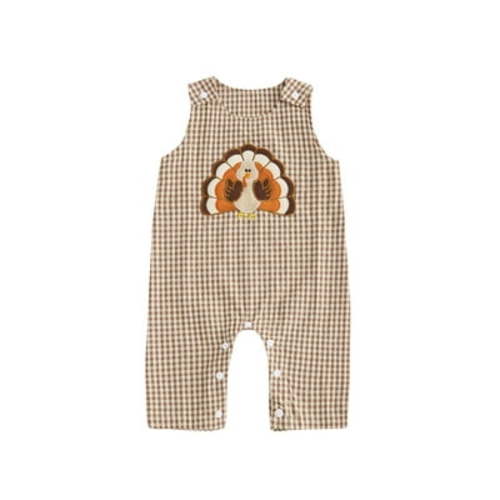 Michellecmm Baby Boy Girl Thanksgiving Overalls Plaid Turkey Sleeveless Romper