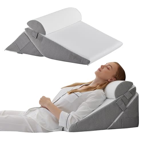 Bedluxe Wedge Pillow Headboard, 3PCS Orthopedic Bed Wedge Pillows Set for After Surgery, Adjustable Pillow Wedge for Acid Reflux&Back Pain Relief, Sleeping, Back Pillow for Bed Sitting Up, White/Grey