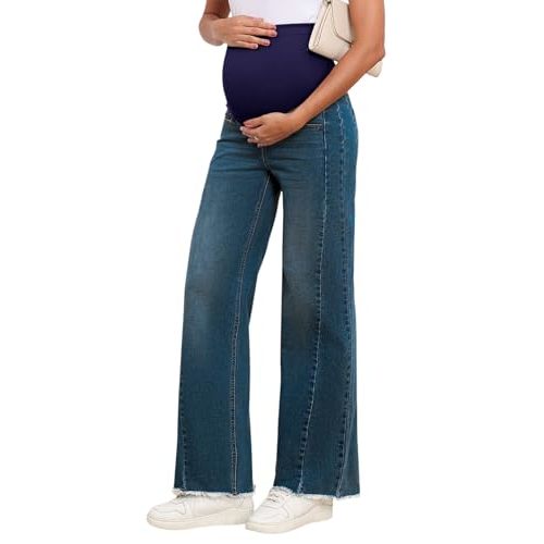 BLENCOT Maternity Jeans for Women Straight Leg Stretchy Denim Ripped Pregnancy Boyfriend Jean