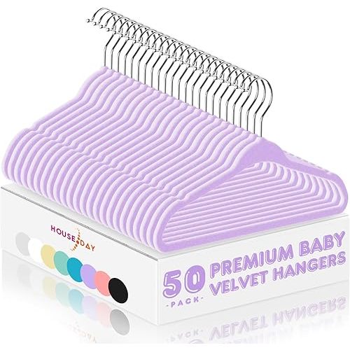 HOUSE DAY Velvet Baby Hangers 50 Pack, Premium Children's Hangers for Baby, Infant & Toddler Clothes, Durable Non Slip Baby Felt Hangers Purple, 11 Inch Baby hangers for Closet, Ideal for Everyday Use