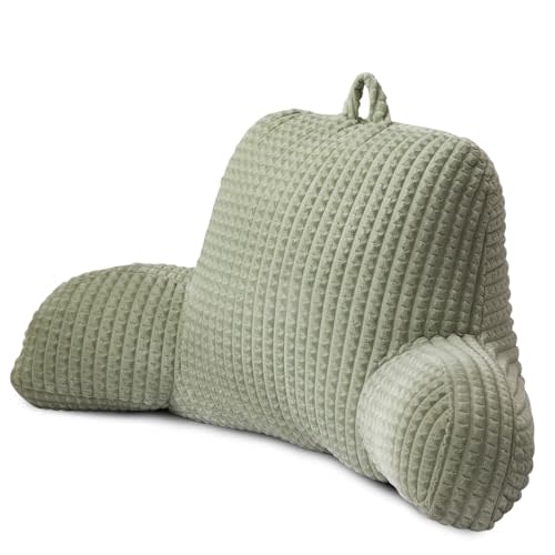 A Nice Night Reading Pillow Bed Wedge Large Adult Children Backrest with Arms Back Support for Sitting Up in Bed/Couch for Lounging Bedrest,Waffle Stereoscopic Design,LightGreen