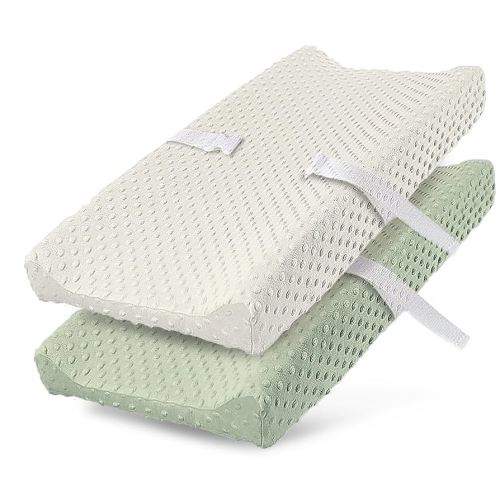2 Pack Changing Pad Cover for Baby Boys Girls, Ultra Soft Breathable Plush Dot Diaper Changing Table Pad Cover, Neutral Fitted Changing Pad Sheets (Pristine and Green)