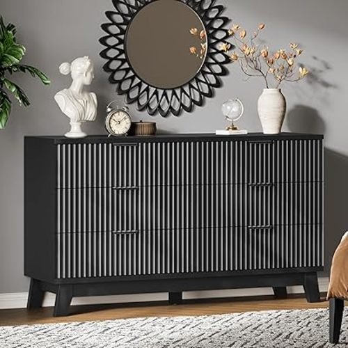 Xixini Fluted Dresser with 6 Drawers, 54" Wide Modern Chest of Drawers with Metal Handle, Wooden Dresser TV Stand, Wood Closet Clothes Storage Organizer for Bedroom, Living Room, Hallway, Solid Black