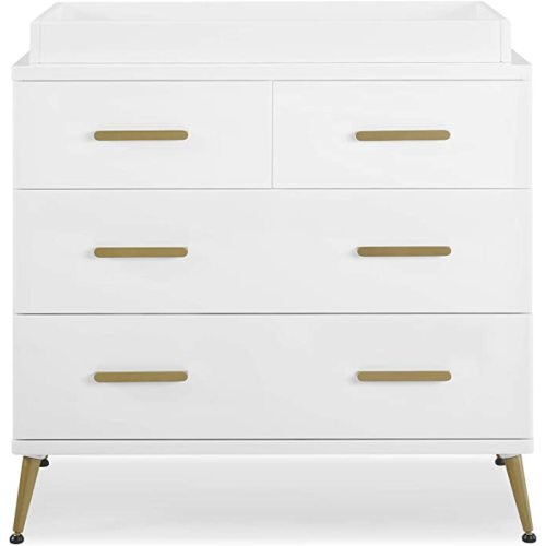 Delta Children Sloane 4 Drawer Dresser with Changing Top, Bianca White w/Melted Bronze