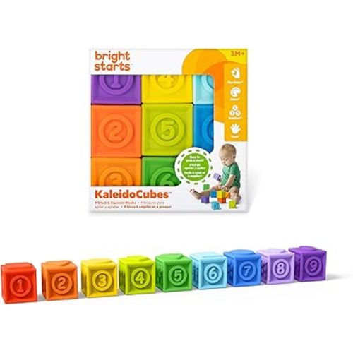 Bright Starts KaledioCubes 9pk Stack & Squeeze Blocks Baby Bath Toys - Play & Learn with Colors, Numbers & Shapes, Ages 3 Months+, Multicolor